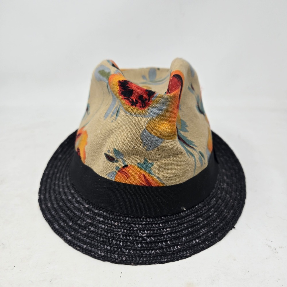 Zara Man Floral Fabric & Black Straw Fedora Trilby Hat Size Large 59cm